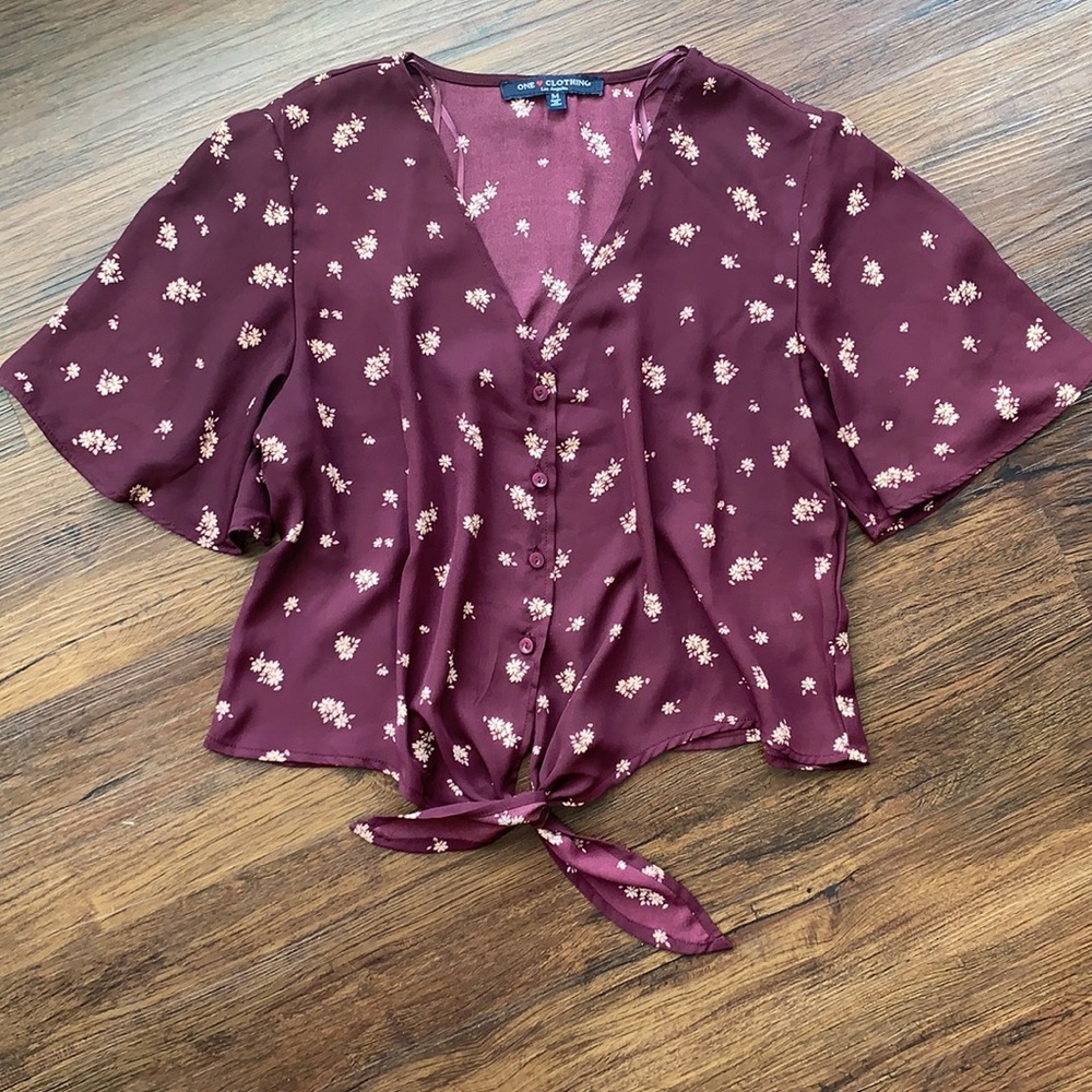 One Clothing Button Up Crop Tie Blouse